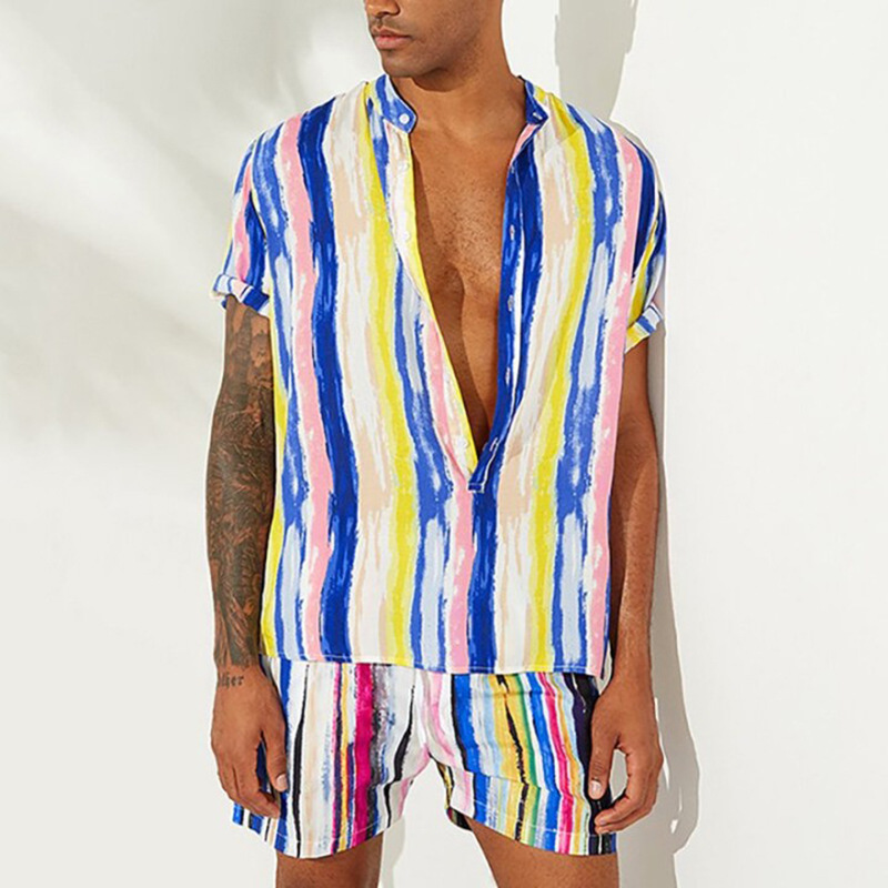 Casual men's suit striped beach two-piece hip-hop suit trendy
